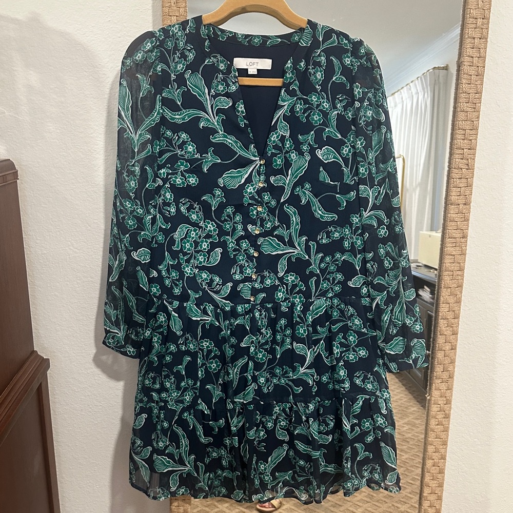 LOFT Navy Floral Long Sleeve Tiered Dress - Size XS - Picture 4 of 8